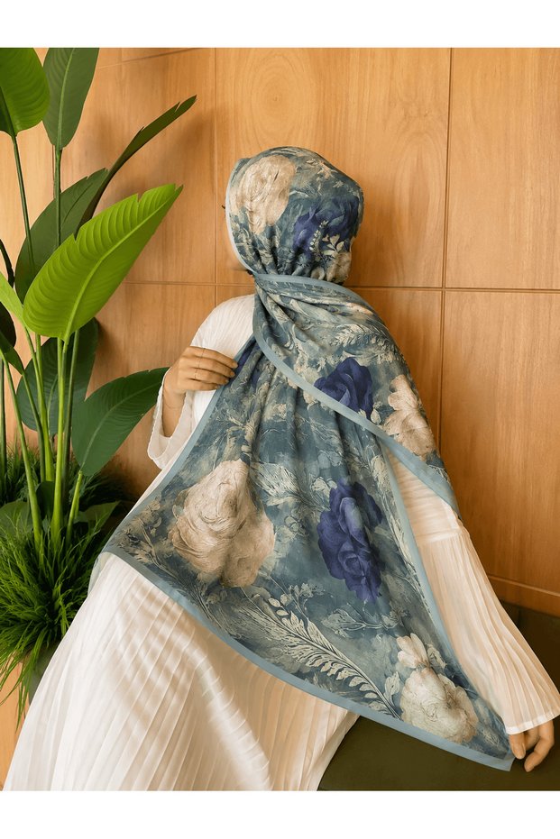 Modal Silk Rose Pattern Shawl - Water Green