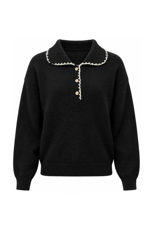 Women's Black Embroidery and Button Detailed Polo Collar Soft Textured Sweater
