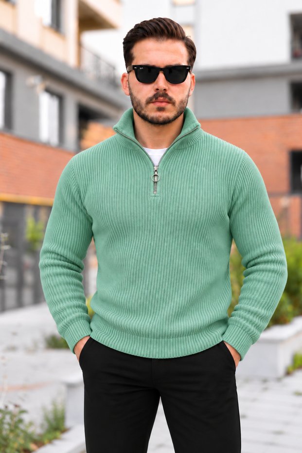 Men's Half-Zip Stand Collar Mint Knit Sweater