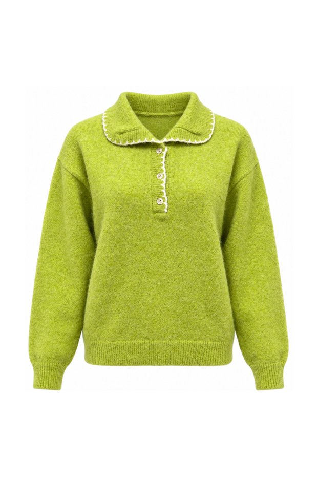 Women's Green Embroidery and Button Detailed Polo Collar Soft Textured Sweater