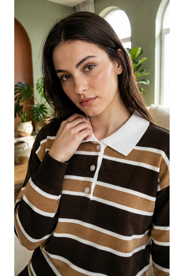 Women's Polo Collar Buttoned Striped Knitwear Sweater Oversized Striped Knitwear Blouse