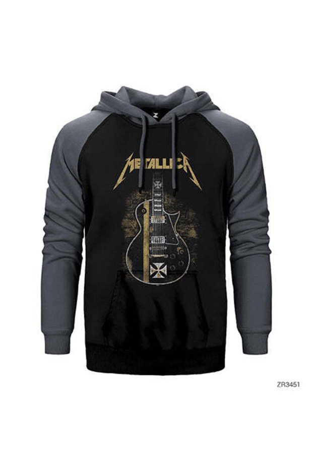 Metallica Guitar Cross Gray Double Color Raglan Sleeve Hooded Sweatshirt