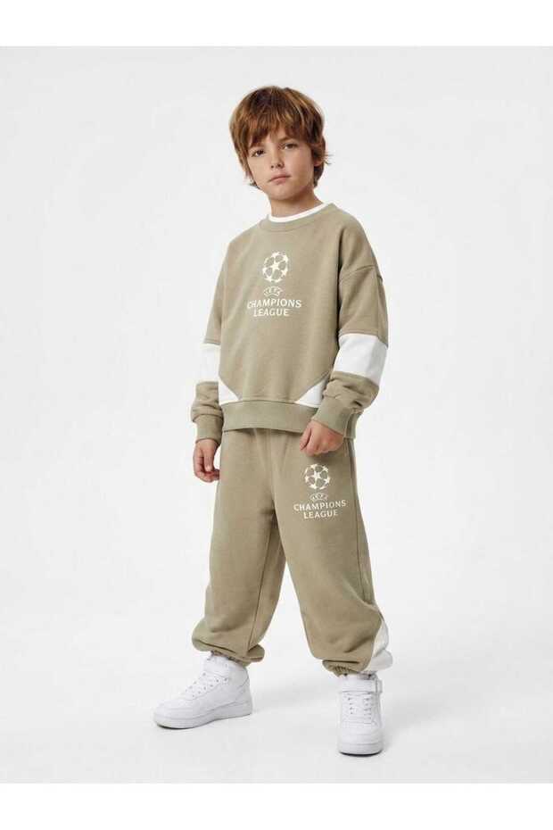 Boys' 3-Piece Set Champions League Printed Sweatshirt T-Shirt and Sweatpants Khaki Green Sports Set