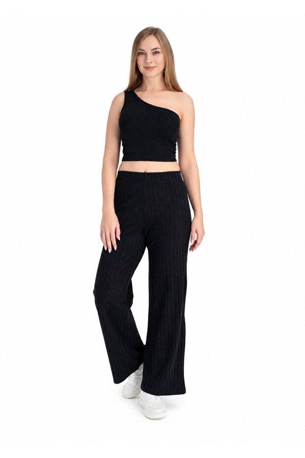 Women's Knitted Camisole Wide Ribbed Elastic Waist Wide Leg Black Trousers