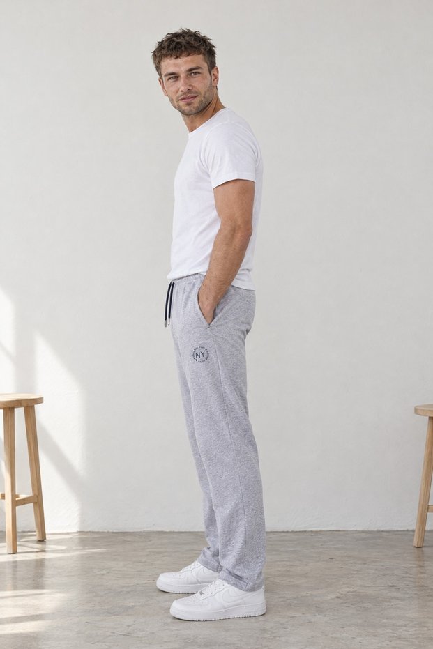 Men's Basic Sweatpants with Flat Legs, Elastic Waistband and Pockets, Gray