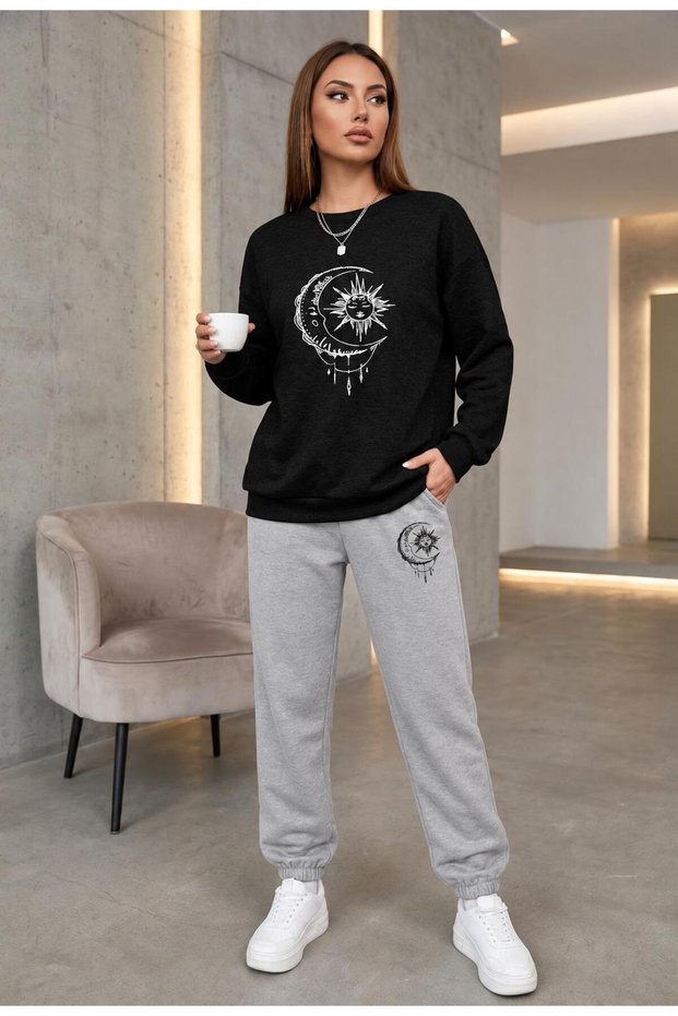 Zero Collar Sweat Suit 2-Piece Combination with Pullover and Pants, Unisex, Moon and Sun Printed