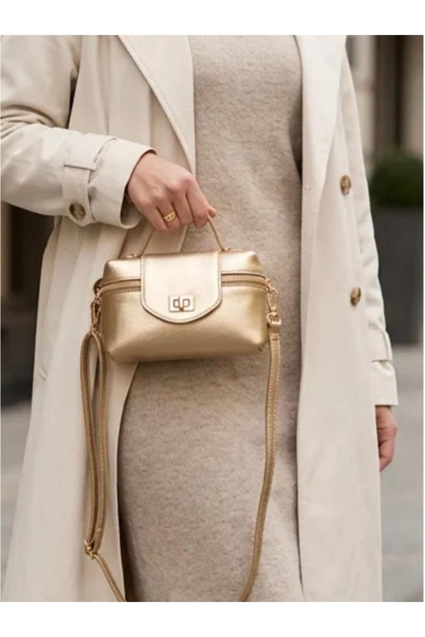 Gold Shiny Mini Women's Clutch Bag and Crossbody Bag with Lock Detail BX
