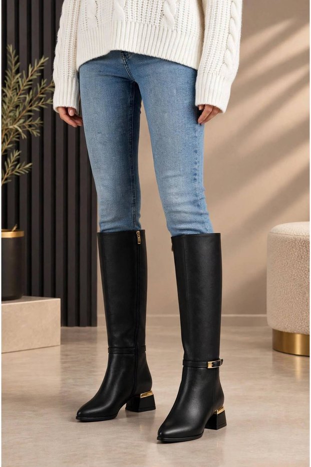 Women's Black Gold Heel and Buckle Detailed Side Zipper Short Heeled Below the Knee Long Boots