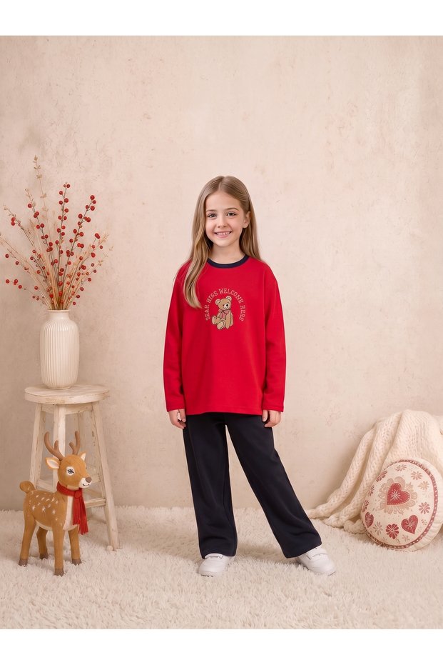Girls & Baby Interlock Teddy Bear Printed Flat Leg Long Sleeve Pajama Set Red