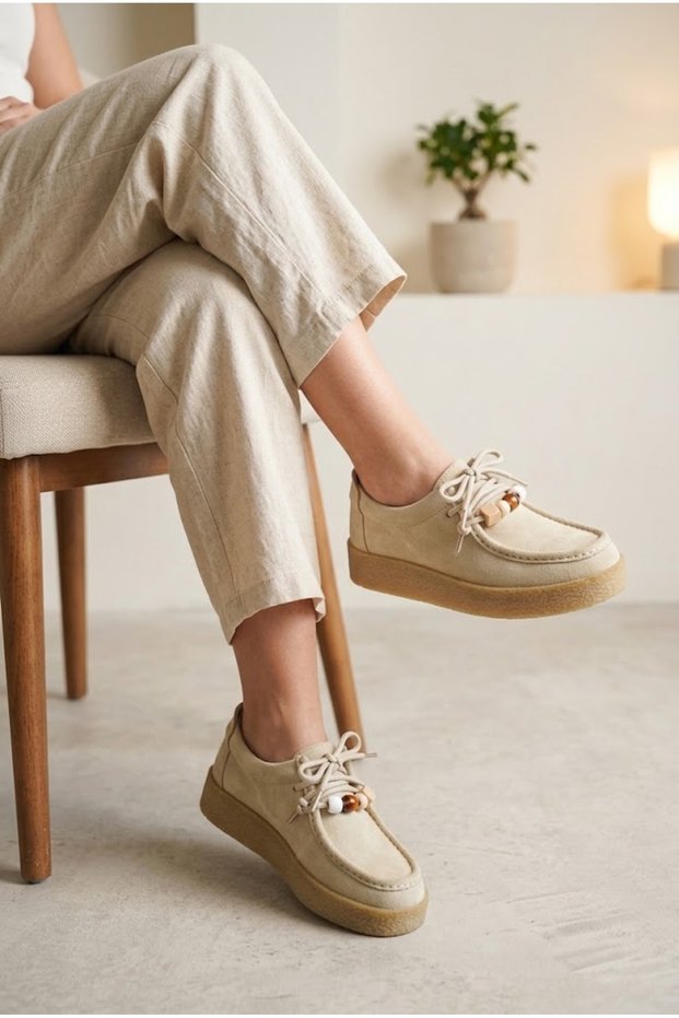 Women's Suede Look Moccasin Casual Shoes with Bead Accessories and Thick Sole