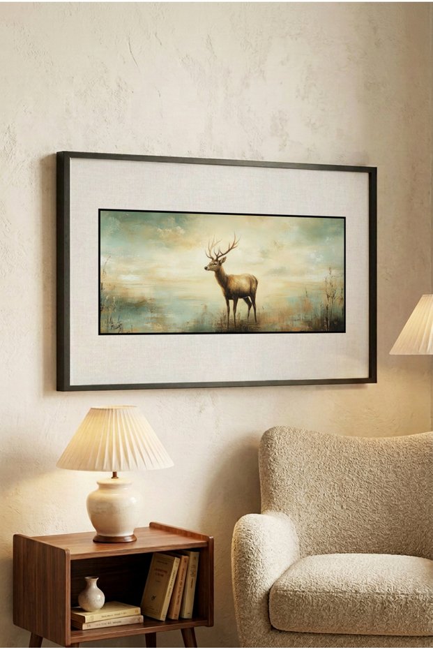1 Piece Black Wooden Framed Oil Painting Effect Vintage Deer Themed Horizontal Wooden Painting - Home, Business and Office Decoration Painting