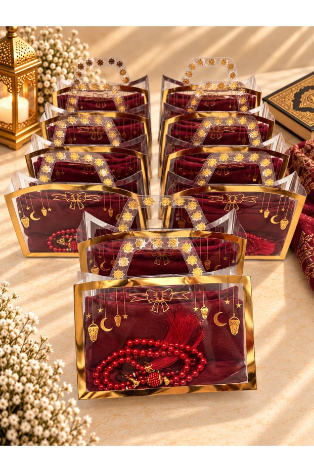 10 Pieces of Burgundy Gilded Flared Cover and Prayer Beads Set in a Bag