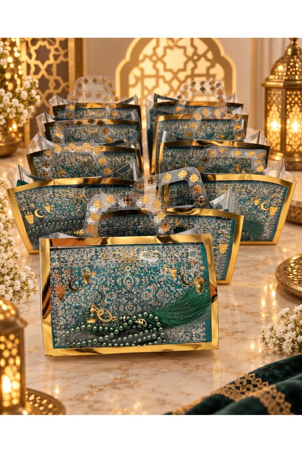 10 Pieces of Green Gilded Bag with Flared Cover, Ethnic Wallet and Prayer Beads Set