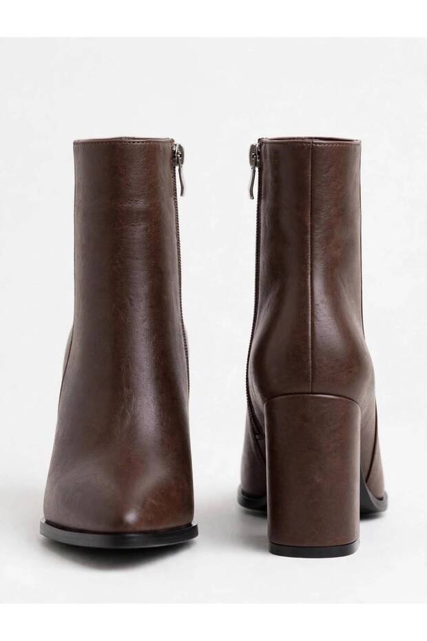 Women's Brown Pointed Toe Side Zipper Thick Heeled Casual Boots - Heeled Boots