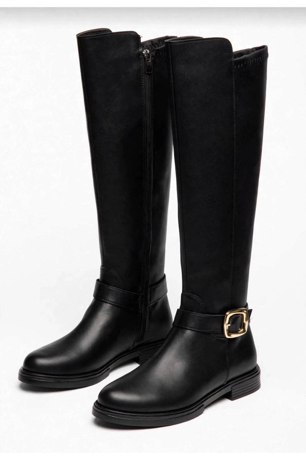 Women's Black Belt Buckle Zippered Low Heeled Casual Long Boots - Winter Comfortable Knee-High Boots