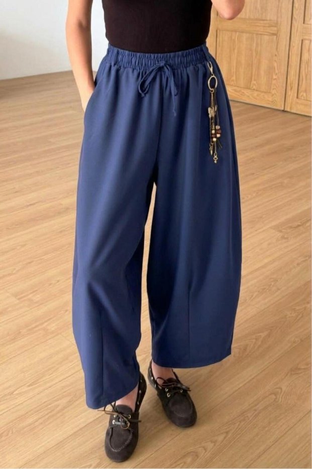 Dark Blue, Elastic Waist Pants with Accessory Details Per51489