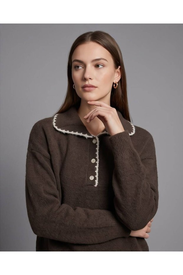 Women's Polo Collar Buttoned Contrast Ribbed Soft Textured Knitwear Sweater