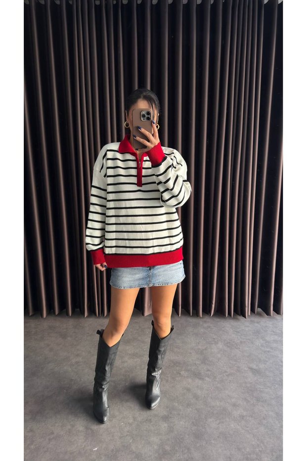 Women's Zippered Striped Sweater