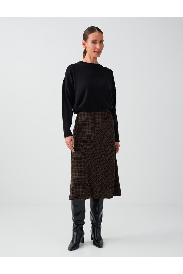Khaki Plaid Patterned Asymmetrical Midi Woven Skirt