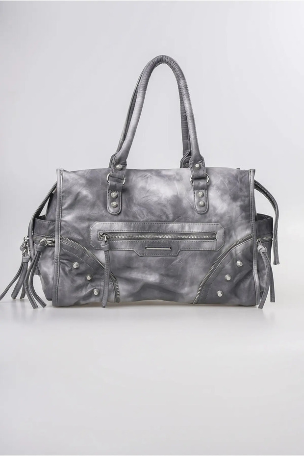 Women's Vintage Washed Leather Look Large Size Zipper Detailed Shoulder and Shoulder Bag Gray 18385