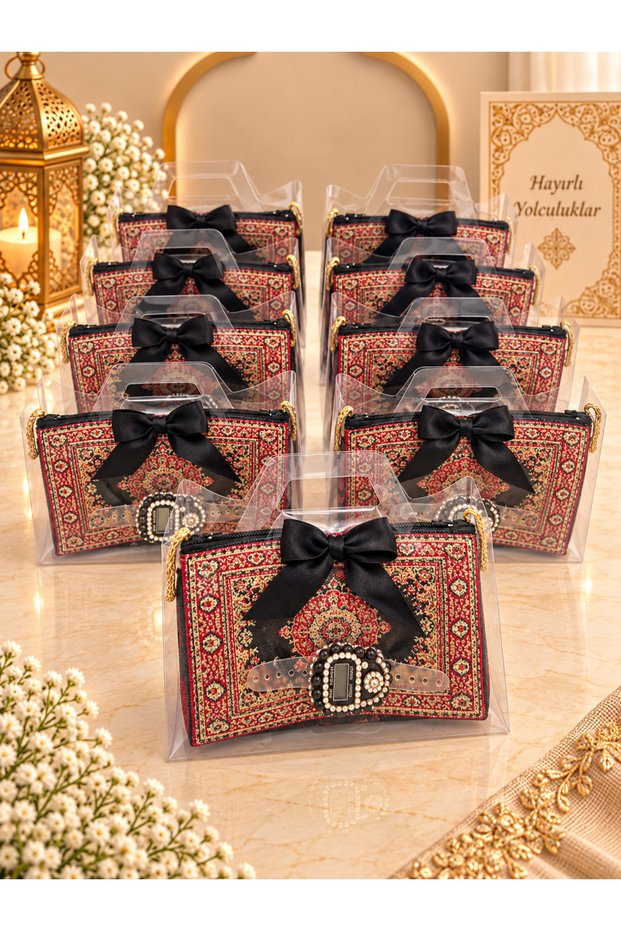 10 Pieces Black Bowknot Bag with Flared Cover, Wallet and Stone Zikirmatik Set
