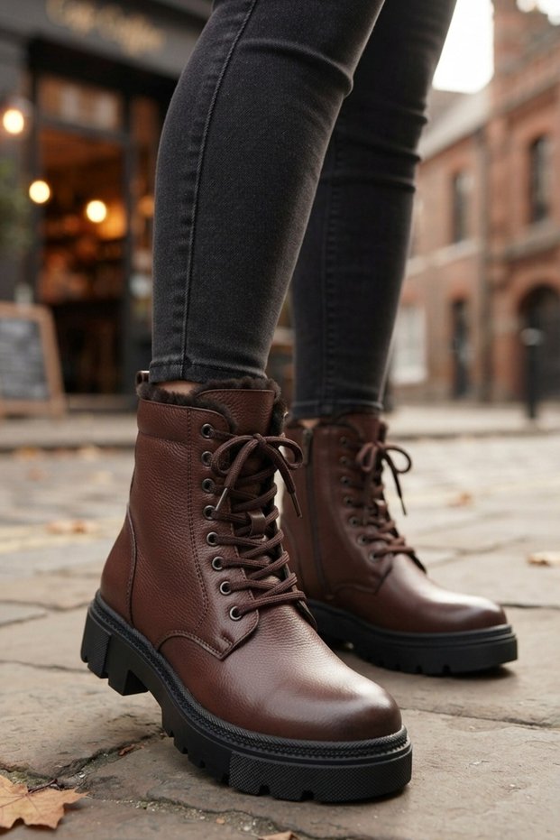 Genuine Leather and Fur, Lace-Up, Zippered, Warm Winter Women's Boots, Brown