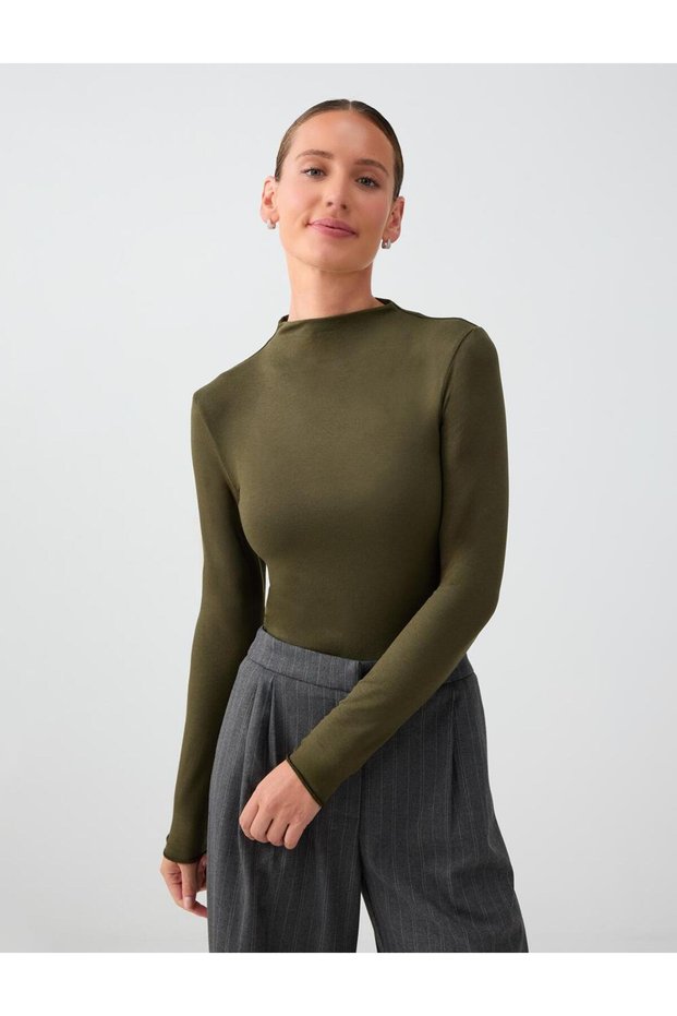 Khaki Crew Neck Slim Fit Long Sleeve Blouse