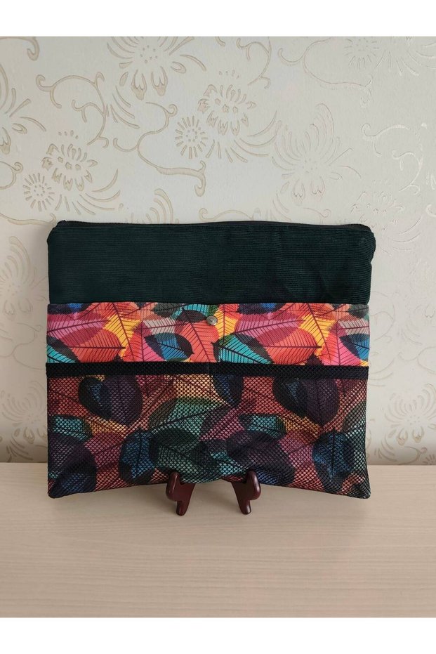 Emerald Green Corduroy Leaf Patterned Multi-Purpose Bag / Organizer with Mesh Pockets and Zipper (33X29 cm)