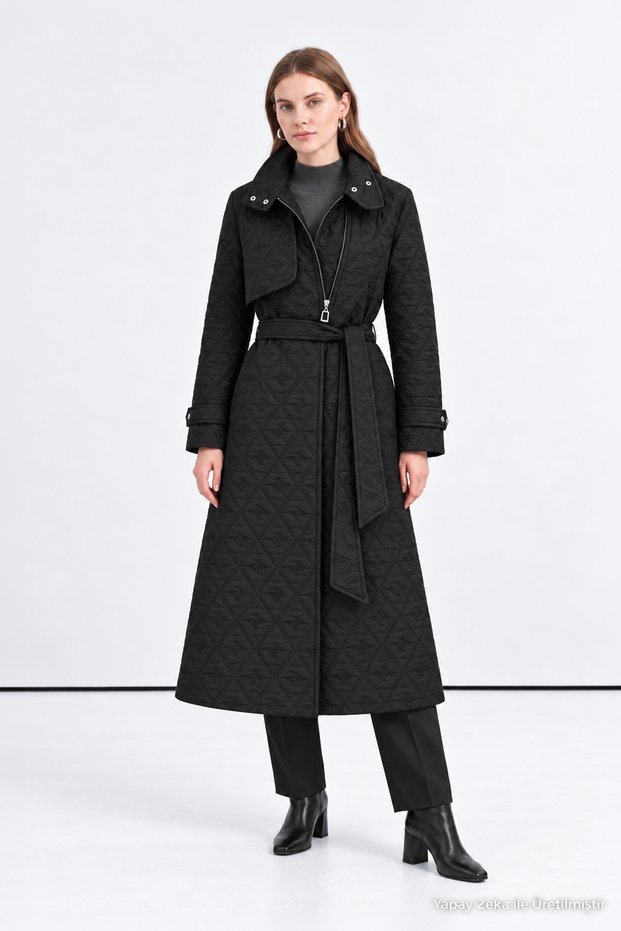 Quilted Zippered Belted Black Trench Coat 14122