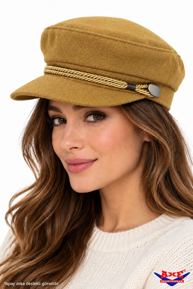 Mustard Color Cashmere Captain's Cap Hat with Rope Detail Stylish Design Brimmed Elastic Back Autumn Winter Painter's Sailor Hat