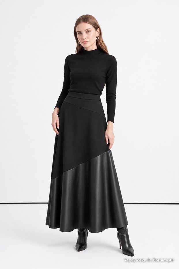 Leather Trimmed Asymmetrical Cut Black Skirt 0180