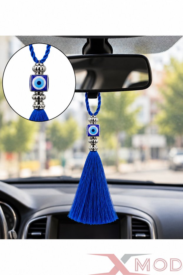 Car Rearview Mirror Ornament with Blue Evil Eye Beads and Tassels Auto Interior Accessory
