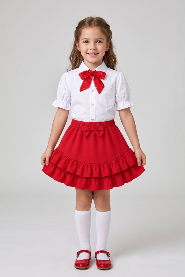 Girls' Red Scarf Short-Sleeved Pearl Shirt Ruffled Skirt April 23 October 29 Show Outfit