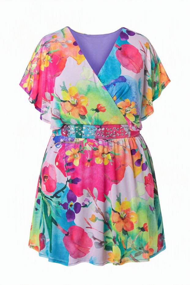 Women's Double Breasted V-Neck Short Sleeve Stone Detailed Lined Chiffon Summer Curve Plus Size Floral Tunic Blouse