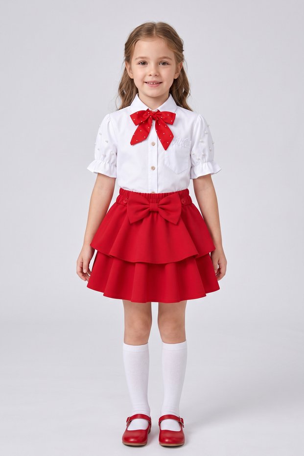 Girl's Black Scarf Short Sleeve Pearl Shirt Layered Skirt April 23 October 29 Show Outfit