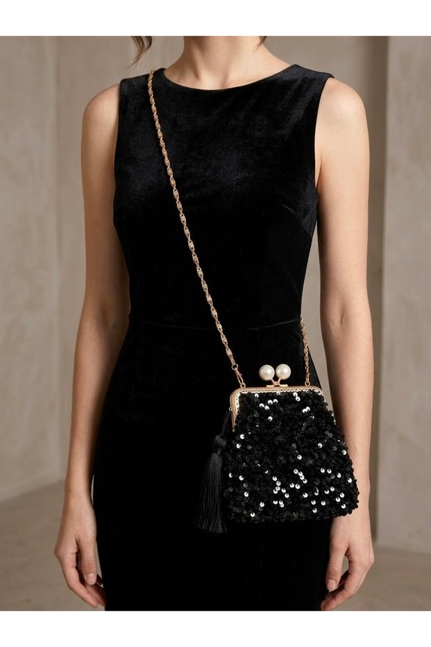 16X16 cm Sequined Sparkling Evening Dress Bag Gold Color Chain and Clip, Lightweight Bag