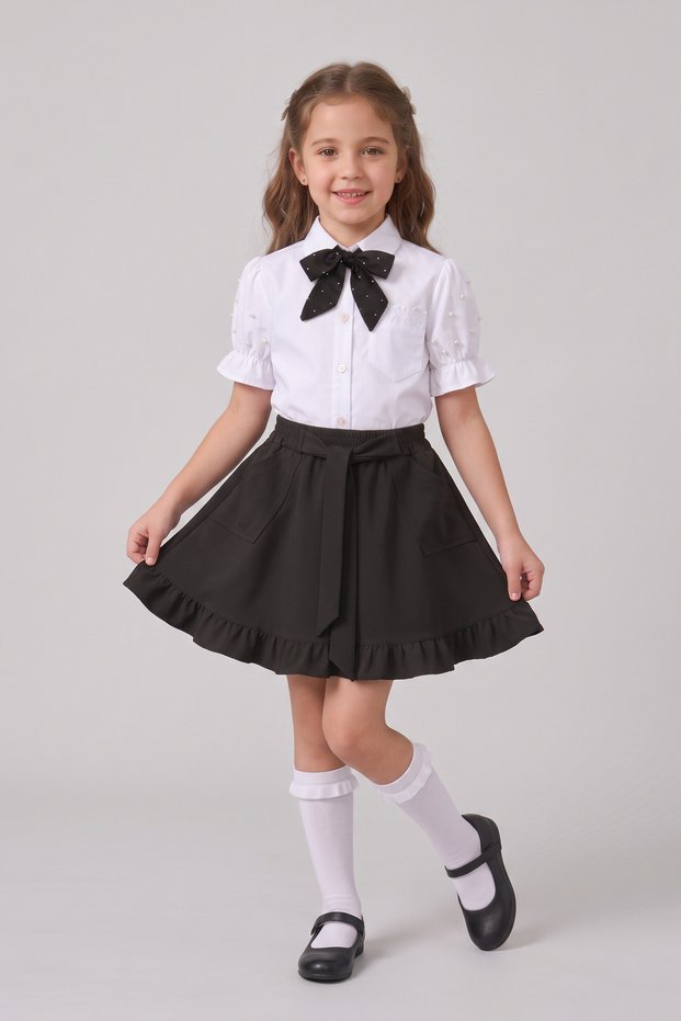 Girl's Black Scarf Short Sleeve Pearl Detailed Shirt Pocket Skirt 23 April 29 October Show Outfit