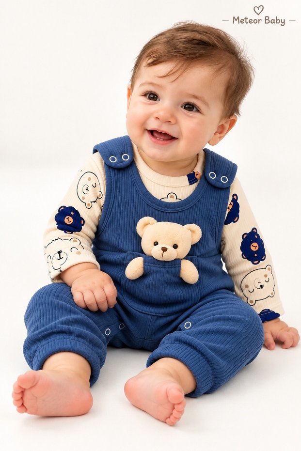 Baby Boy Set with Teddy Bear Patterned Overalls, 2-Piece Seasonal Baby Set for 3, 6, 9 Months