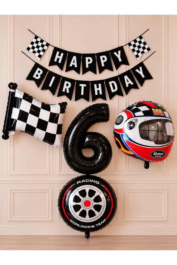 Party 6 Years Old Race Themed Birthday Decoration Set 4-Piece Foil Balloon Helmet Tire Checkered Flag Happy Birthday Banner 1-9 Years