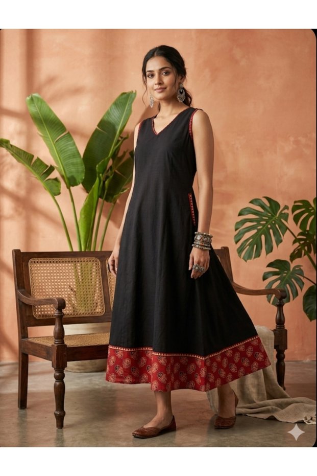 Black Ajrakh Sleeveless Maxi Dress with Pockets