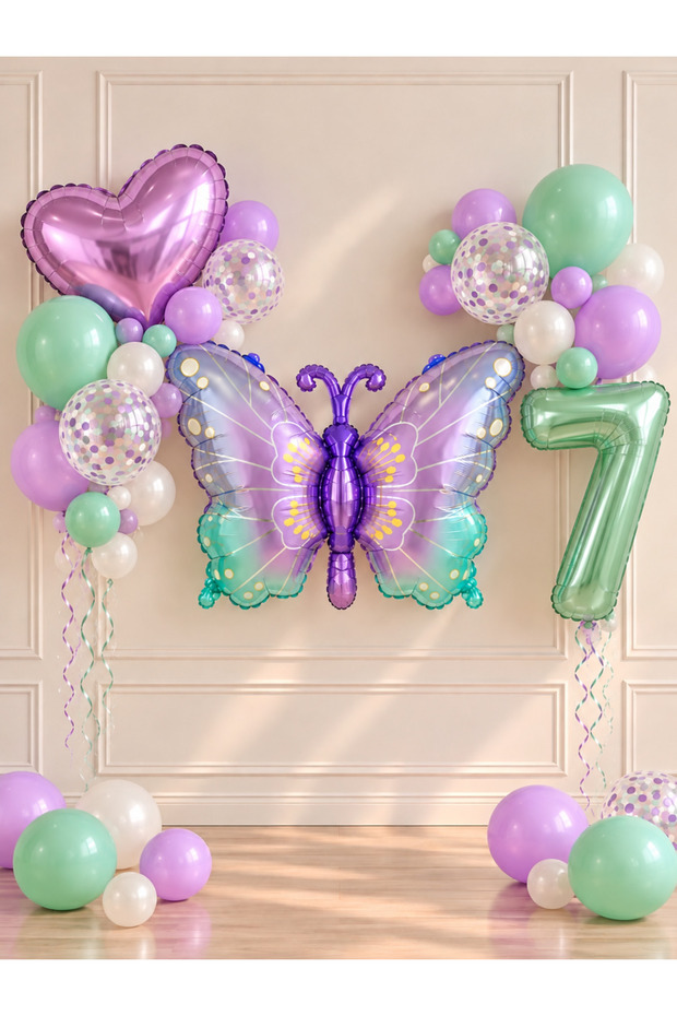 Party 7 Years Old Butterfly Themed Birthday Balloon Set Lilac Green Party Decoration Set with Heart and Number Foil Balloons