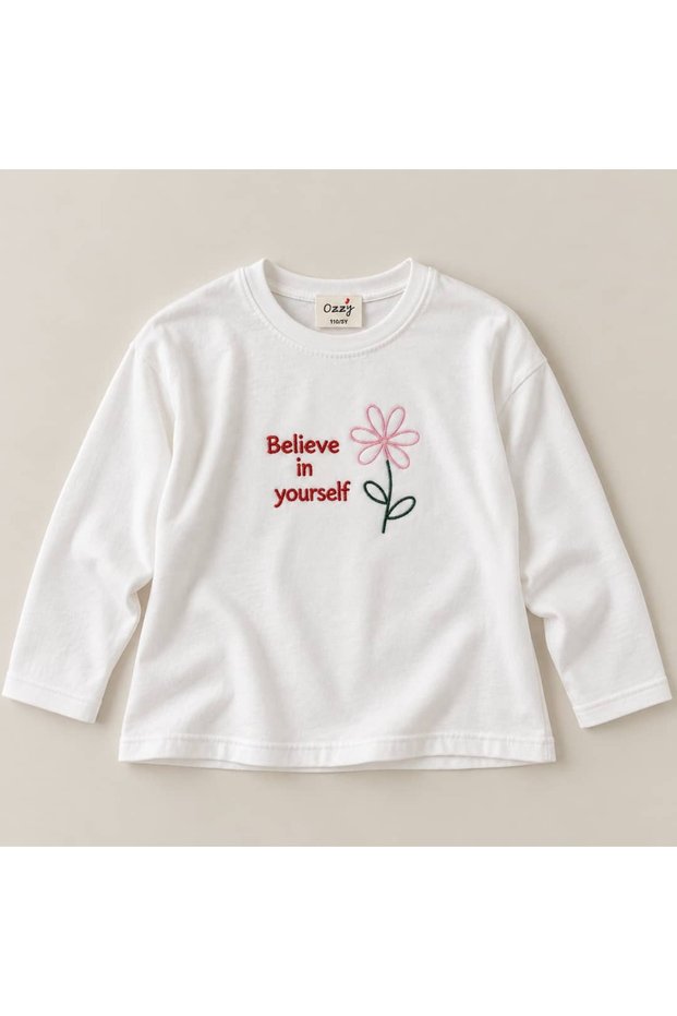 Girl's T-Shirt with Floral Embroidery on the Front and Back