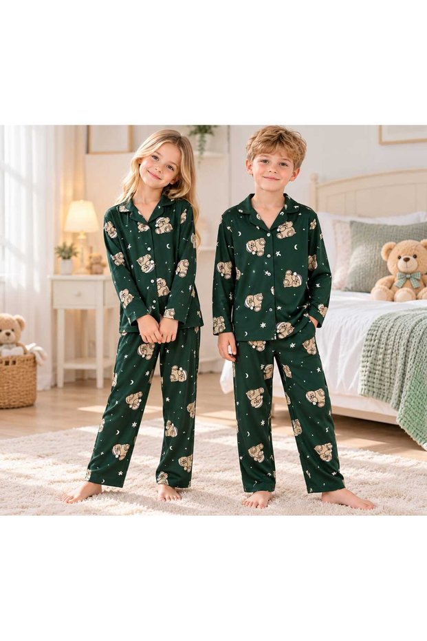 Girl and Boy Unisex Pattern Buttoned Long Sleeve Pajama Set