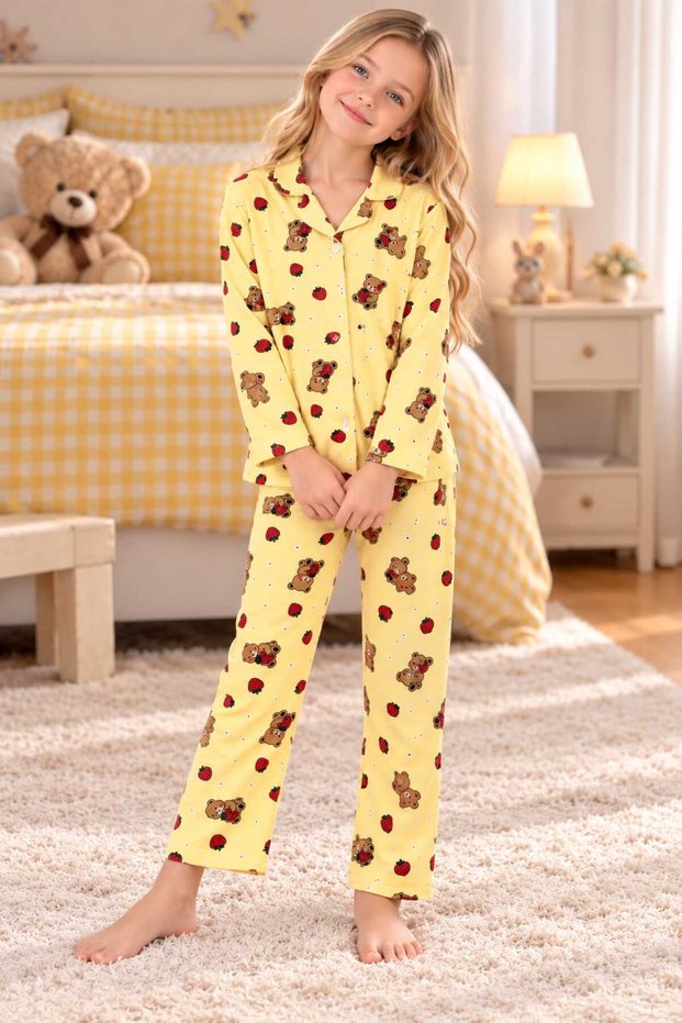 Girl's Cotton Buttoned Strawberry and Teddy Bear Patterned Long Sleeve Pajama Set