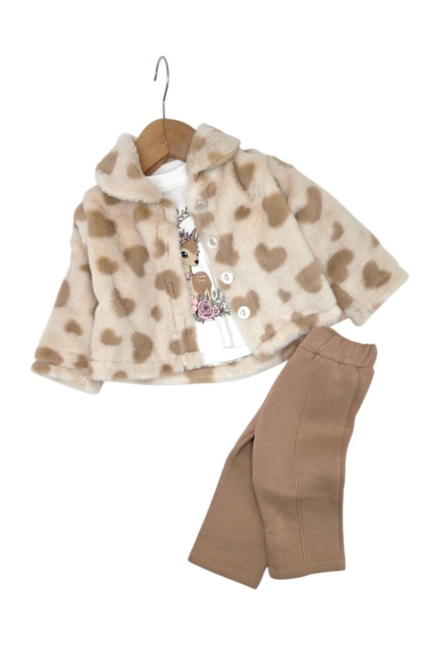 Baby Girl 6-9-12-18-24 Months Stylish Winter Set with Plush Jacket and 3-Piece Threaded Bottoms