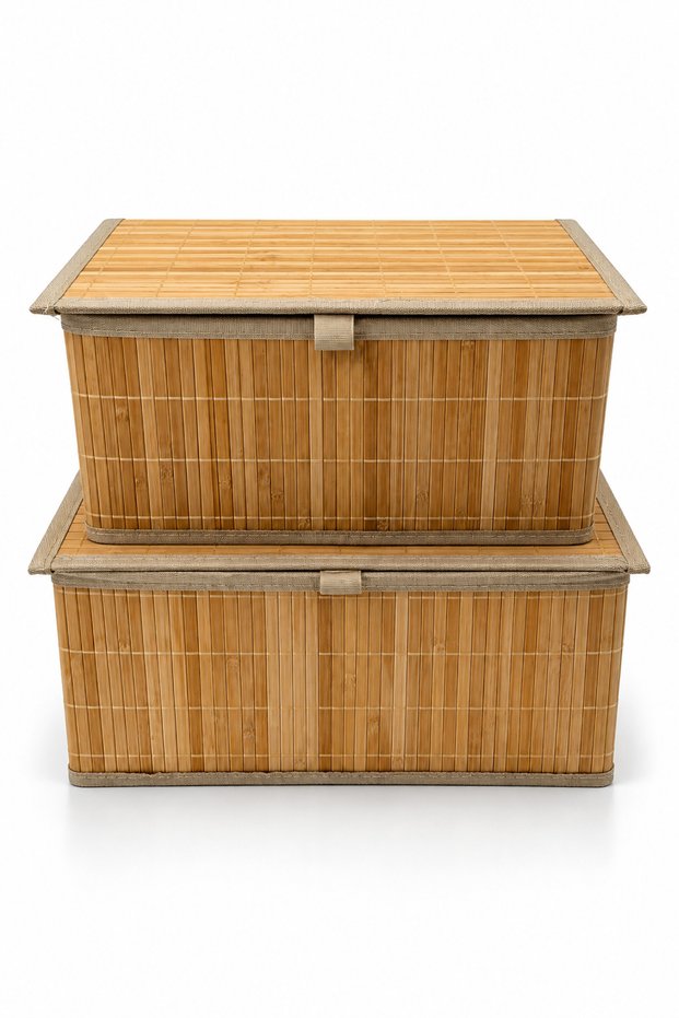 Bamboo Lid Lined Rectangular Large Size Set of 2 Storage Box and Organizer - Bohemian, Basket, Düze