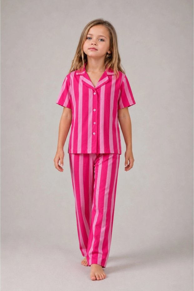 Girls Pink Striped Short Sleeve Buttoned Shirt Collar Pants Pajama Set