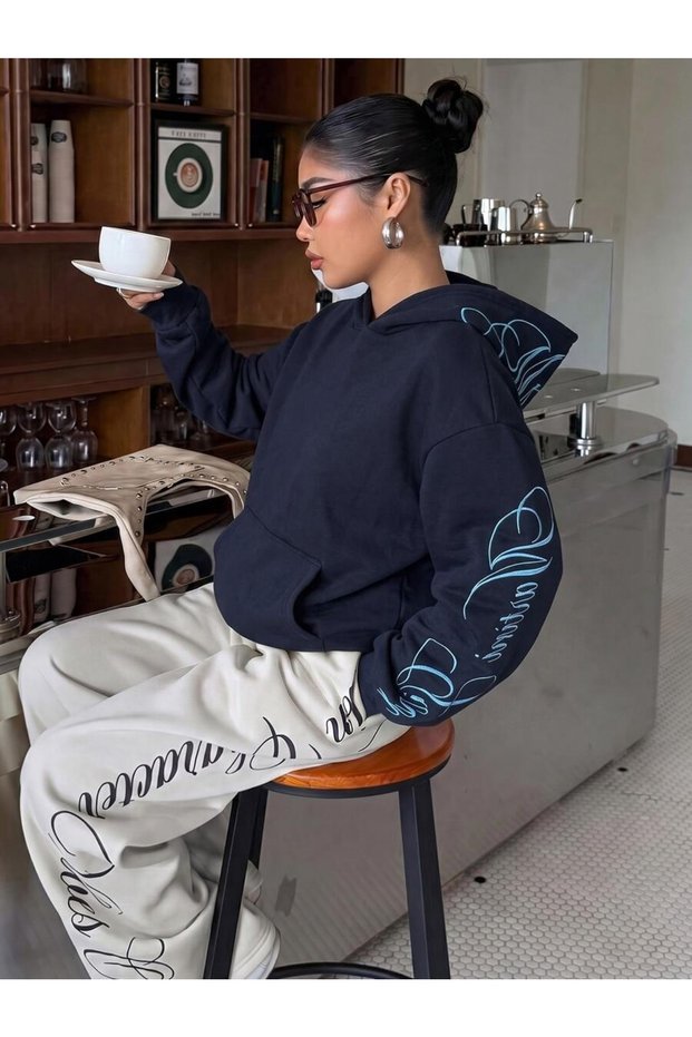 Large Size 3 Threaded Threaded Sweatshirt Navy Blue Oversize Unisex Hoodie