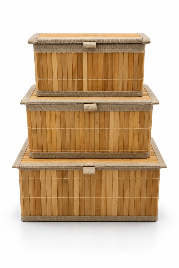 Bamboo Lid Lined Rectangular 3-Piece Medium Set Storage Box and Organizer - Bohemian, Basket, Organization