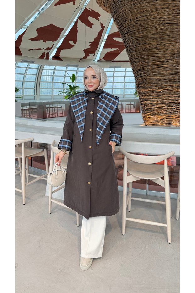 Plaid Detailed Quilted Long Women's Trench Coat